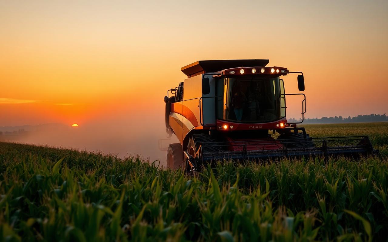 Combine harvester at work in a cornfield at sunset