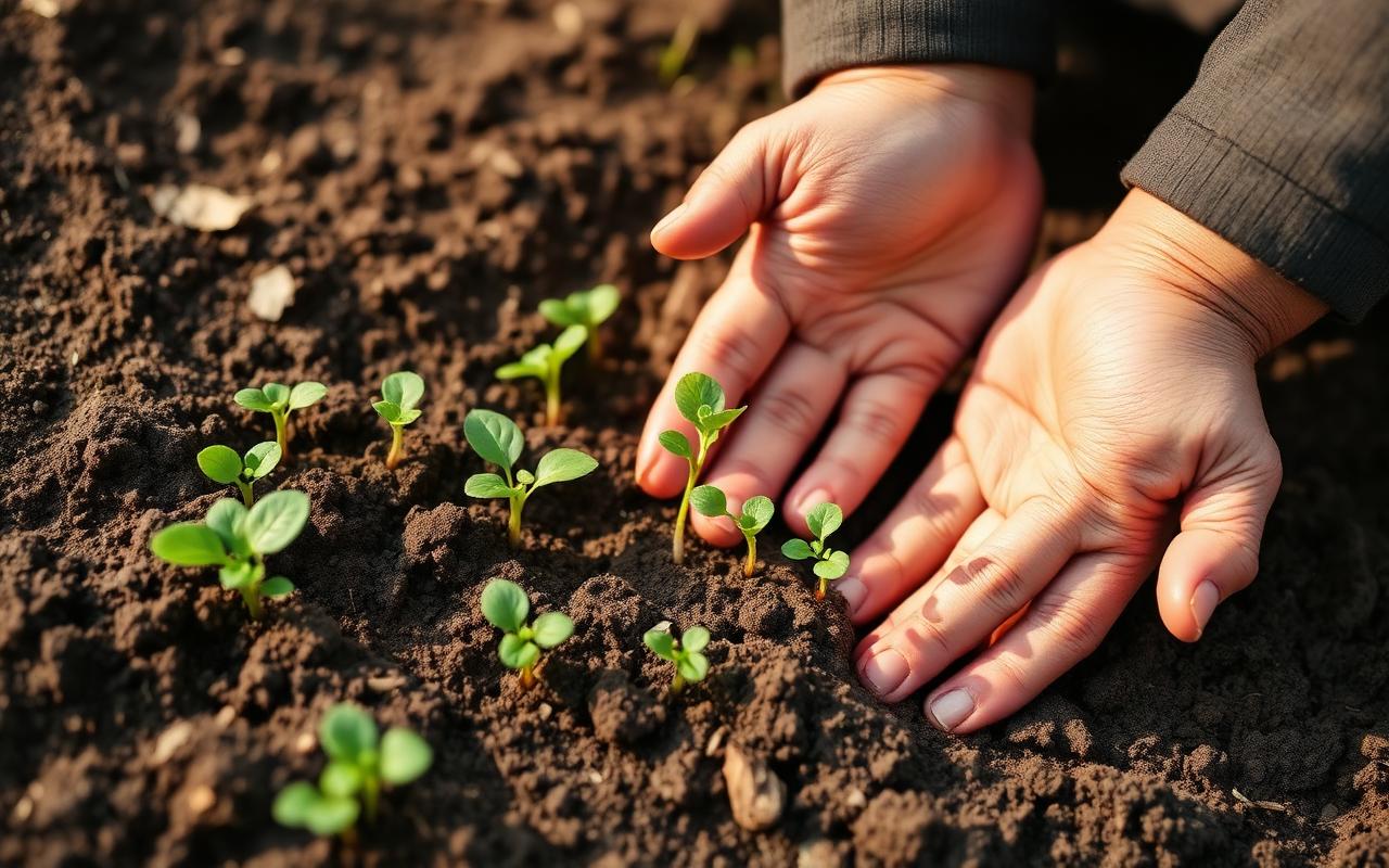 Farmer's hands inspecting soil with green seedlings